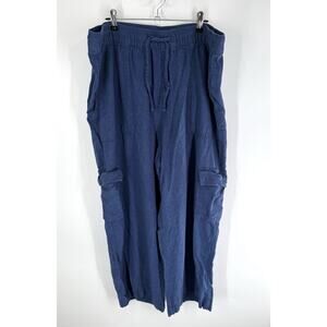 gap womens wide leg pants xl Cargo Pockets Elastic Waist Blue Cotton Drawstring